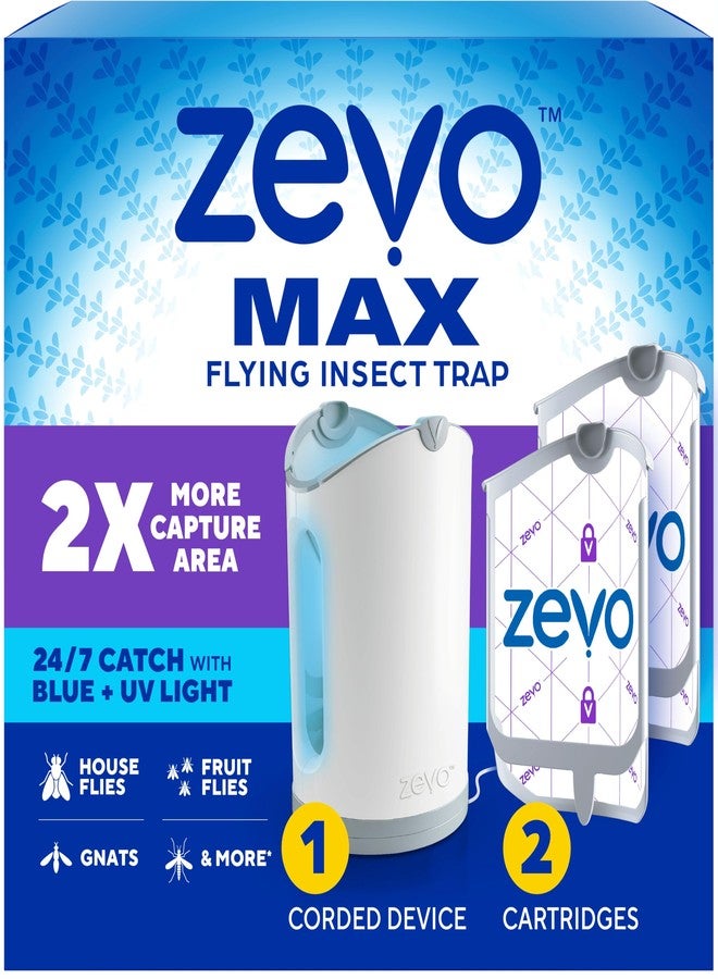Zevo MAX Bug Catcher & Fly Trap for Indoors - Flying Insect Trap for Gnats, House & Fruit Flies - Use in Any Room - No-Mess Disposal (1 Plug in Base & 2 Cartridges) - Image 1
